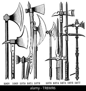 Doctrinal axes: 5968 of the 11th century. 5969 German, 14th century.5970 Venetian, 16th century. 5971 Swiss, 16th century. 5972 English. 5973 Riding axe, 16th century. No. 5974-5977 Army hammers: 5974 Swiss, 15th century. 5975 Lucerne hammer, 14th century, 5976 hammer of a Hussite leader, 15th century. 5977 Equestrian hammer, 16th century., ,  (encyclopedia, 1893) Stock Photo