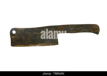 Very old and rusty butcher knife isolated on white background Stock Photo