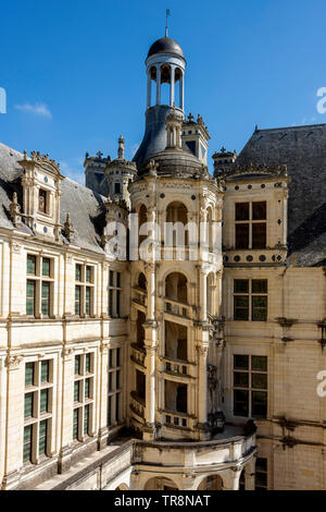 Exterior staircase of the tower at the Royal Chateau of Chambord in Loir et Cher , Loire Valley,  Centre-Val de Loire, France, Stock Photo