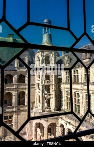 Exterior staircase of the tower at the Royal Chateau of Chambord in Loir et Cher , Loire Valley,  Centre-Val de Loire, France, Stock Photo