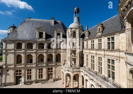 Exterior staircase of the tower at the Royal Chateau of Chambord in Loir et Cher , Loire Valley,  Centre-Val de Loire, France, Stock Photo