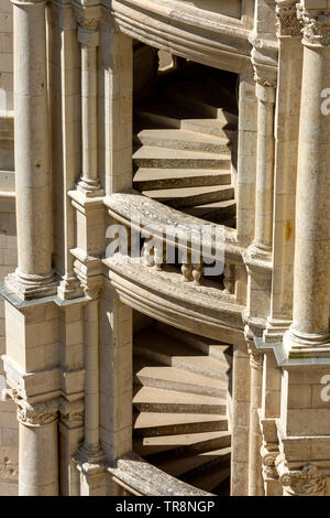 Close-up view of the helicoidal staircase at Château de Chambord in Loir et Cher, France, showcasing its intricate architectural design, France Stock Photo