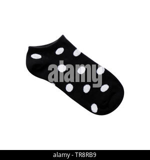 New Pair of Fashionable Kid Socks, Top View, Flat Lay. Beauty Black and White Polka Dot Sock Isolated on white Color Background with Clipping Path. Stock Photo
