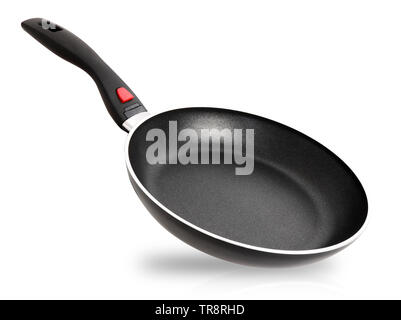 Black Fry Pan Isolated over White Background with Copy Space. Clipping Path. Close Up One Clean Steel Used Iron Frying Pan Object. Side View. Kitchen Stock Photo
