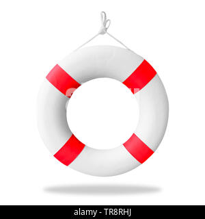 Life Buoy Isolated on White Background with Clipping Path. Top View of Blue and White Lifebuoy or Life Preserver with Rope for Safety Equipment. Life Stock Photo