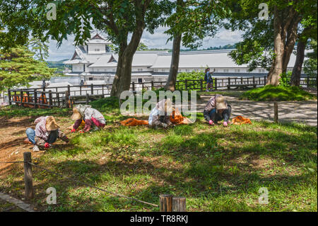 Four female garden workers with sun hats in the grounds of  Kanazawa castle, Ishikawa, Japan. Stock Photo