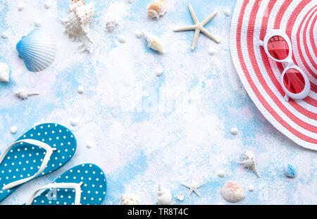 Summer holiday concepts with colorful hat on decoration of beach in abstract Style.Tropical banner background with copy space.Top view angle. Stock Photo