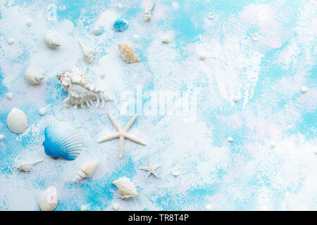 Summer holiday concepts with seashell starfish and decoration of beach in abstract style background.Top view angle. Stock Photo