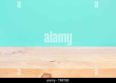 Empty of wood table top on blue pastel color background.For montage product display or design key visual layout Stock Photo