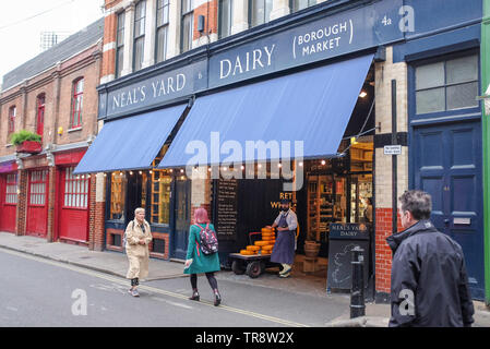 Views around Borough Market in London UK - Neal's Yard Dairy shop famous for selling cheese Stock Photo