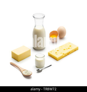 Isometric presentation of dairy food & beverage over white background Stock Photo