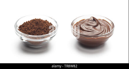 Chocolate powder and melted chocolate isolated on white background - Clipping path included Stock Photo