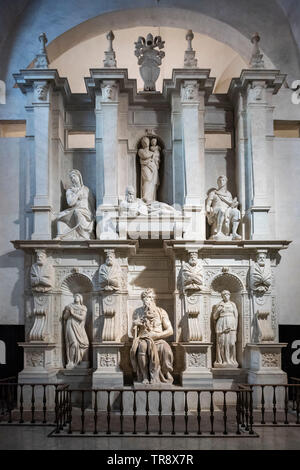 Rome. Italy. Sculpture of Moses by Michelangelo on the Tomb of Pope Julius II, Basilica di San Pietro in Vincoli.  Moses sculpture (ca. 1513-1516) by Stock Photo