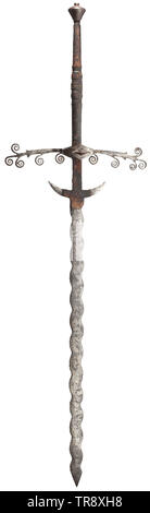 A two-handed flamberge, a high-grade collector's reproduction in the style of the 16th century Wavy blade with downcurved guards, above the guards on one side an etched coat of arms and the date 1597, on the other the image of a warrior and floral ornaments. Ricasso with remains of leather cover. Extended cross-guard with volute ornaments, symmetrical side rings and guard plates within. Leather-covered grip with wire winding. Conical pommel with small riveted finial. Length 176 cm. Decorative replica, true to original. historic, historical, sword, Additional-Rights-Clearance-Info-Not-Available Stock Photo