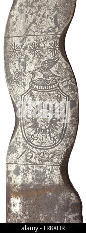 A two-handed flamberge, a high-grade collector's reproduction in the style of the 16th century Wavy blade with downcurved guards, above the guards on one side an etched coat of arms and the date 1597, on the other the image of a warrior and floral ornaments. Ricasso with remains of leather cover. Extended cross-guard with volute ornaments, symmetrical side rings and guard plates within. Leather-covered grip with wire winding. Conical pommel with small riveted finial. Length 176 cm. Decorative replica, true to original. historic, historical, sword, Additional-Rights-Clearance-Info-Not-Available Stock Photo