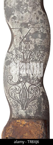 A two-handed flamberge, a high-grade collector's reproduction in the style of the 16th century Wavy blade with downcurved guards, above the guards on one side an etched coat of arms and the date 1597, on the other the image of a warrior and floral ornaments. Ricasso with remains of leather cover. Extended cross-guard with volute ornaments, symmetrical side rings and guard plates within. Leather-covered grip with wire winding. Conical pommel with small riveted finial. Length 176 cm. Decorative replica, true to original. historic, historical, sword, Additional-Rights-Clearance-Info-Not-Available Stock Photo