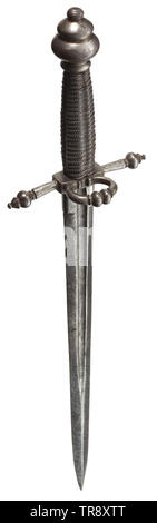 A German left-hand dagger, circa 1600 Double-edged blade with fullers on both sides, ridged point and short ricasso. Cross-guard set off by balusters with thumb ring and offset round pommel. Replaced iron wire grip. Length 34 cm. historic, historical, dagger, daggers, thrusting, thrustings, baton, weapon, arms, weapons, arms, fighting device, object, objects, stills, clipping, cut out, cut-out, cut-outs, 17th century, Additional-Rights-Clearance-Info-Not-Available Stock Photo