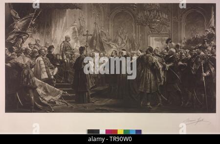 Emperor Franz Joseph I and empress Elisabeth receiving the Hungarian Imperial Assembly 1896, reception of the Imperial councillors in the Great hall of the in Castle Budapest in the procession of the millennium celebrations on 8th May 1896, president Desider von Szilagyi is talking. heliography based on painting, with original signature of the artist Benczúr Gyula, Additional-Rights-Clearance-Info-Not-Available Stock Photo