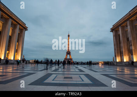 View of Eiffel Tower from Jardins du Trocadero in Paris, France. Eiffel Tower is one of the most landmarks of Paris. Travel. Stock Photo
