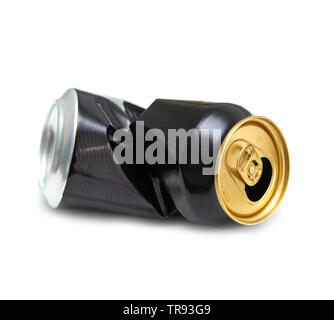 Compressed can isolated on a white background, Aluminum recycling old cans. Stock Photo