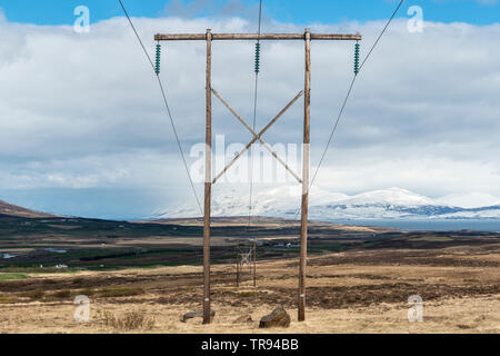 Electricity transmission lines in northern Iceland Stock Photo