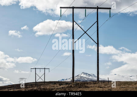 Electricity transmission lines in northern Iceland Stock Photo