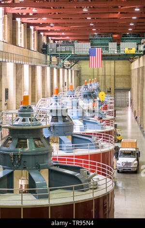 HOOVER DAM, ARIZONA - MAY 12, 2019: Generators of the Hoover Dam Power Plant. The structure was completed in 1933 amidst the Great Depression. Stock Photo