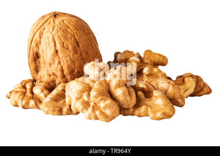 walnut halves and pieces isolated on white clipping path Stock Photo