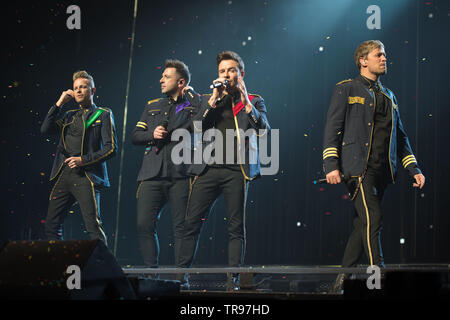Glasgow, UK. 28 May 2019. World renown boy band, Westlife, in concert at the Hydro Arena in Glasgow during 'The Twenty Tour'.  PICTURED: (left-right) Nicky Byrne; Markus Feehily; Shane Filan; Kian Egan. Stock Photo