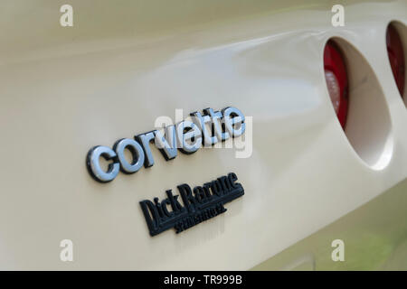 Melsele, Belgium, 30 may 2019, chrome logo of the general motors chevrolet corvette picture taken at a car show Stock Photo