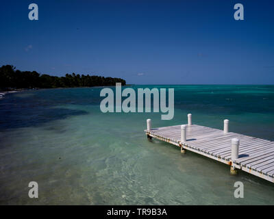 Pier on the beach, Half Moon Caye, Lighthouse Reef Atoll, Belize Stock Photo
