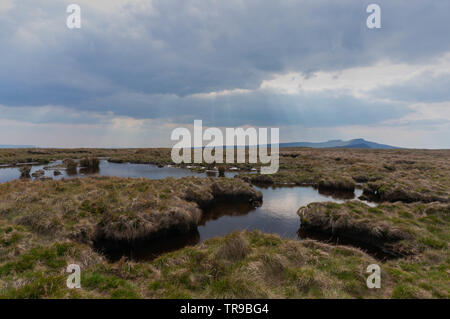 Sun rays break through the clouds on a mountain plateau. Sky reflects in pools of water on the ground Stock Photo