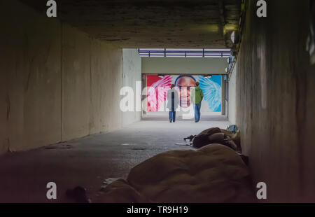 Homeless people sleeping in an underpass to Oak Street Beach in Chicago IL, USA. Stock Photo