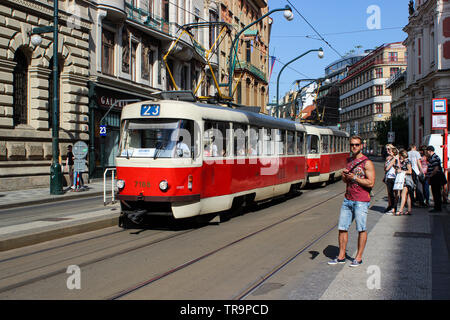 So called nostalgia tram, Tatra T3, on line 23 in Prague, Czech Republic Stock Photo