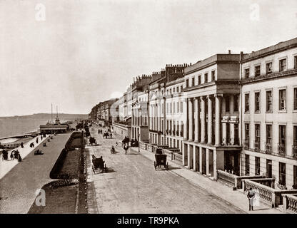 A 19th Century view of  the seafront of St Leonards-on-Sea (commonly known as St Leonards), East Sussex, England, part of Hastings since the late 19th century though it retains a sense of separate identity.  It was in 1875, that the two towns merged into the County Borough of Hastings, and by then the total seafront had reached some three miles in length. Stock Photo