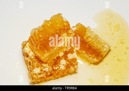Honeycomb piece. Honey slice isolated on white background. Stock Photo