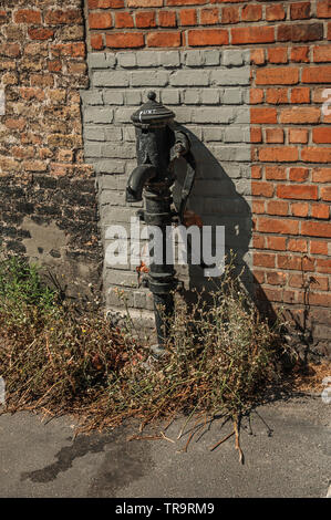 Water pump made of iron in front of a brick wall at the city of Bruges. Charming town with canals and old buildings in Belgium. Stock Photo