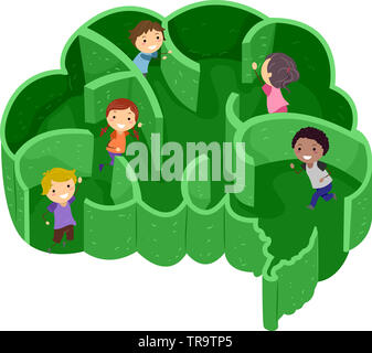 Illustration of Stickman Kids Playing Inside a Labyrinth Shaped as a Brain Stock Photo