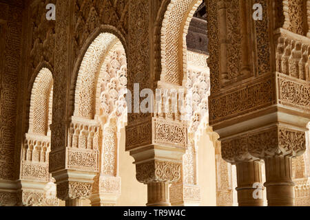 Intricate carved archways at Alhambra palace, in Granada, Spain. Stock Photo