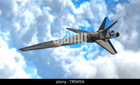Fighter Jet, futuristic military airplane flying in clouds, 3D rendering Stock Photo
