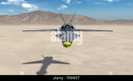 Fighter Jet, futuristic military airplane flying over a desert with mountains in the background, front view, 3D rendering Stock Photo
