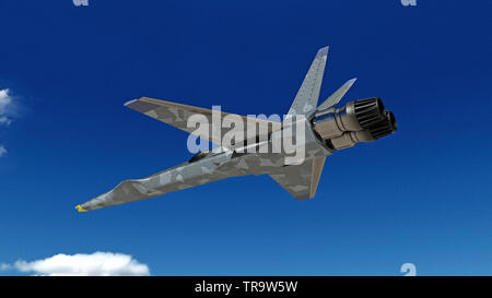 Fighter Jet, futuristic military airplane flying with blue sky in the background, bottom view, 3D rendering Stock Photo