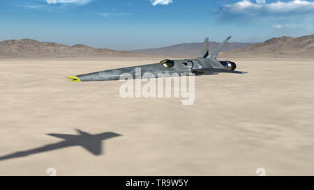 Fighter Jet, futuristic military airplane flying over a desert with blue sky and mountains in the background, 3D render Stock Photo