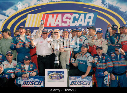 NASCAR driver Kevin Harvick celebrates winning the BUSCH Series Championship at Homestead Miami Speedway on November 10, 2001. Stock Photo