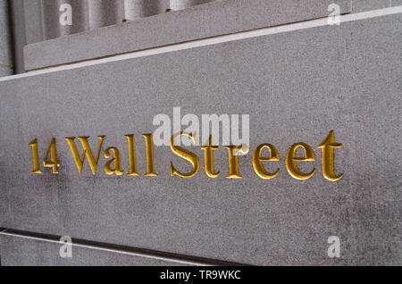 14 wall st sign in Gold letters New York, USA 2012/10/06 Stock Photo
