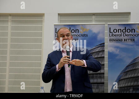 London / UK – May 31, 2019: Ed Davey, Liberal Democrat MP for Kingston and Surbiton, speaking at the party’s leadership election hustings at the City of London Academy in Highbury, north London Stock Photo