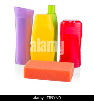 colorful plastic bottles (could be shampoo, gel, sun tan, lotion) isolated on white background Stock Photo