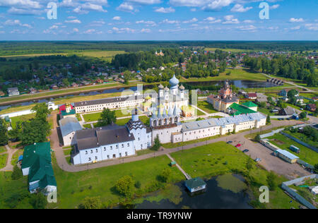 The Tikhvin Bogorodichny Uspensky monastery in a summer landscape (aerial photography). Tikhvin, Russia Stock Photo