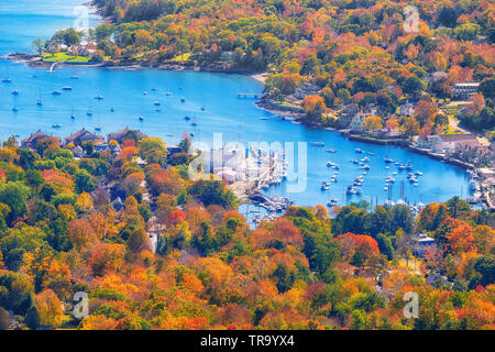 View from Mount Battie overlooking Camden harbor, Maine. Beautiful autumn foliage colors in October. Stock Photo