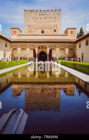 Reflection in the water of the Patio de los Arrayanes in Alhambra palace, Andalusia. Granada, Spain. Stock Photo